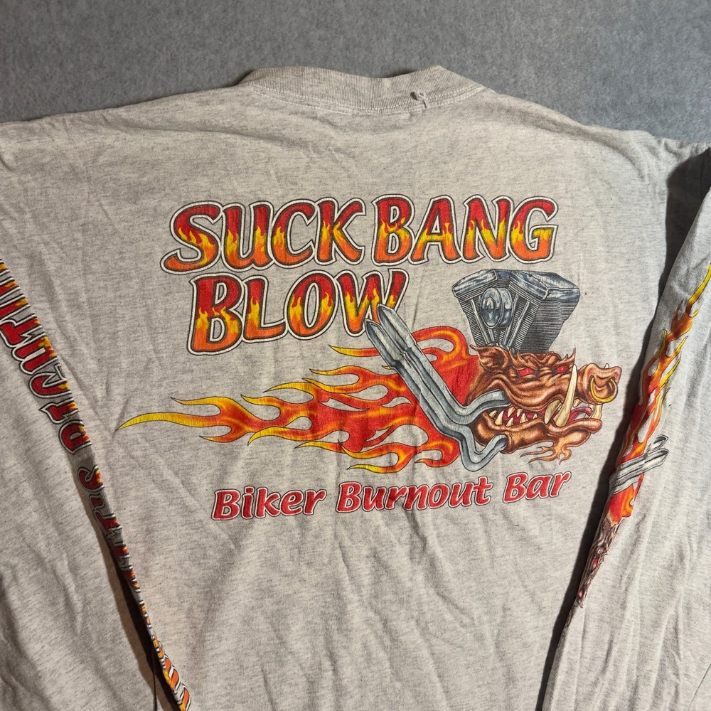 Vintage Suck Bang Blow Biker Burnout Bar Long Sleeve T-Shirt Gray XL 90s Flames